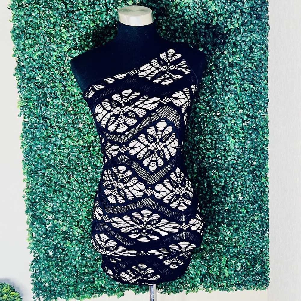 BEBE Black/Beige Crochet Lace Bodycon-Stretch Mini One Shoulder Dress Y2K Size:S